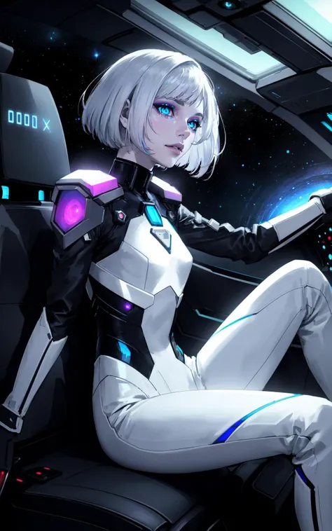 (over the shoulder:1.1), (movie still:1.1), side view, (spaceship cockpit:1.1), (beautiful young skinny caucasian adult woman sitting in spaceship cockpit looking over shoulder at viewer:1.2), glowing holographic instruments, (beautiful face:1.11), from behind, smart fabric flightsuit:1.1, lightweight structured jacket with sharp geometric lines, utility belt, knee-high boots, fingerless gloves, (large spaceship cockpit with highly polished flooring and stellar view), backlit hair, perfect face, feminine physique, (pale freckles:0.6), (black and silver accents), perfect eyes, (studio lighting:0.3), low key, joystick++, thin pouting lips, (white++ bob hair, ombre tips:1.2), wide set soft+ turquoise++ eyes, skin pores, (small retrousse nose:1.2), (pale skin), supernova, ultra detailed, (Intricate Environment)++, best quality, masterpiece, dramatic angle, highest detailed face, eyelid shimmer makeup, silver eyeshadow, iridescent cheekbones, muted rose lips, deep space blue, (volumetric lighting:1.1), (available light:0.7),BREAK, starlight silver, nebula pink, black hole black, planetary rings, asteroid clusters, geometric shapes, angular contours, Holographic control panels, chiaroscuro effects, reflective surfaces, star-filled skies, distant galaxies, shimmering surfaces, iridescent sci-fi materials, clean lines, modernistic details, 8k, best quality, masterpiece (masterpiece:1.2)