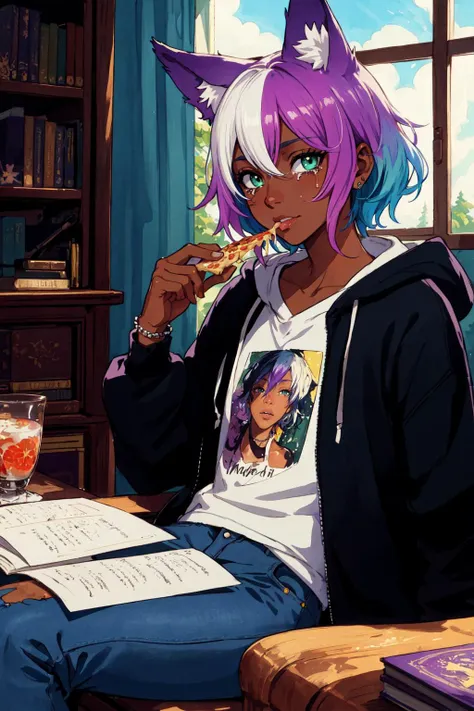 (masterpiece, best illustration, extreme light and shadow), 1boy, solo, transgender male, fox ears, animal ears, tan, tan skin, ganguro, black t-shirt, denim jeans, wristband, jewelry, depth of field, vaporwave, citypunk, indoors, library, Earth-QualityPos Cent-Angle CamXvoor Clutter-Home CS-PYS CS-CYBR epiCPhoto epiCRealism LimitBreakStyler PA7_Portrait-HL_v2 OseaDuskIsland Pizza-TV-Couch pureerosface_v1 PsychoFreak_Verse1 RecEvenWrstGift SceneKidNogenderNoT4N SeaShanty_Lyrics_Wellerman