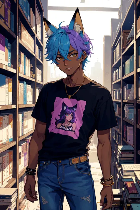 (masterpiece, best illustration, extreme light and shadow), 1boy, solo, transgender male, fox ears, animal ears, tan, tan skin, ganguro, black t-shirt, denim jeans, wristband, jewelry, depth of field, vaporwave, citypunk, indoors, library, Clutter-Home CS-PYS CS-CYBR