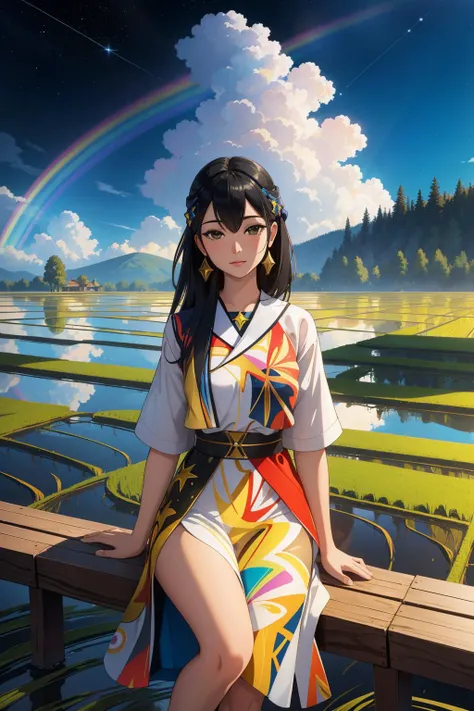 1girl, awardwinning Oil painting, (Gold theme:0.7) , landscape of a De Stijl Dazzling Iridescent ([Agra:Rice paddy:5]:1.3) in the distance there is The Alhambra, lush lake and Aquarius constellation in background, Hurricane, [ (art by Lee Krasner:1.3) , (Zack Snyder:1.3) :15], Rough sketch, Surprising, Constructivism Art, waning light, macro lens, triadic colors, icon style, rainbow swirl, Pixabay, 64K