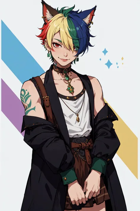 best quality, masterpiece, ultra high res,  1boy, male focus, transgender female, non binary, blocky shoulders, rainbow hair, gay pride flag dress, gender diverse, pride flag, covered, shy, long sleeve, jacket, shirt, smile,  Miqote-GenderofChoice SeaShanty_Lyrics_Wellerman