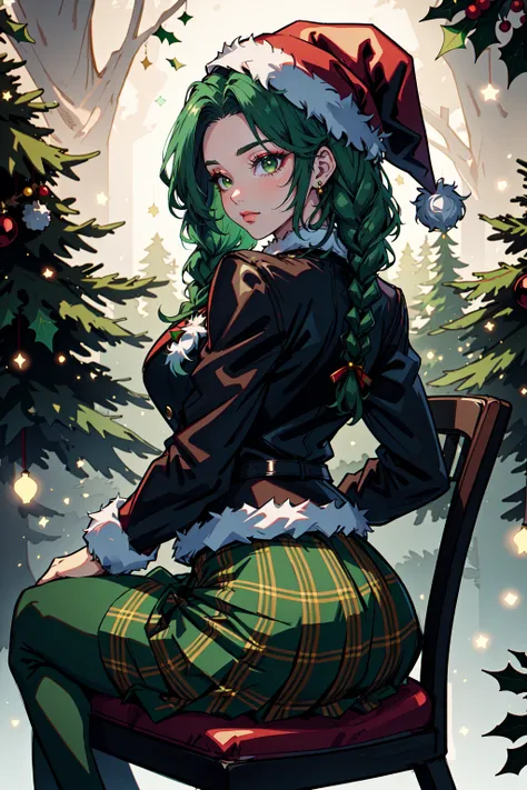Mrs Claus, Woman in a green victorian costume, leather jacket, retro theme, braids, makeup, eyeliner, santa hat, plaid green full skirt, christmas theme, green, trees, side lighting, LUT movie style, back lighting, magic, Rembrandt lighting, skindentation, gossamer, inked lines, best illustration, officical art, teamgreenstyle, dynamic angle, semi realistic, 2.5d, chair, sitting, fashion photography pose, Santa Overlords Style, holidayxl style , <lora:TeamGreenStyle:0.5>, <lora:SantaOverlordsStyle:0.3>, <lora:HolidayIdidalittlebit:0.25>