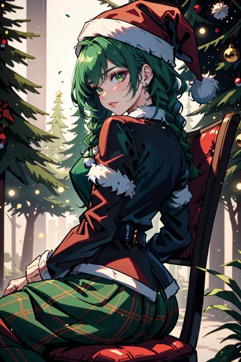 Mrs Claus, Woman in a green victorian costume, leather jacket, retro theme, braids, makeup, eyeliner, santa hat, plaid green full skirt, christmas theme, green, trees, side lighting, LUT movie style, back lighting, magic, Rembrandt lighting, skindentation, gossamer, inked lines, best illustration, officical art, teamgreenstyle, dynamic angle, semi realistic, 2.5d, chair, sitting, fashion photography pose, Santa Overlords Style, holidayxl style , <lora:TeamGreenStyle:0.5>, <lora:SantaOverlordsStyle:0.3>, <lora:HolidayIdidalittlebit:0.25>