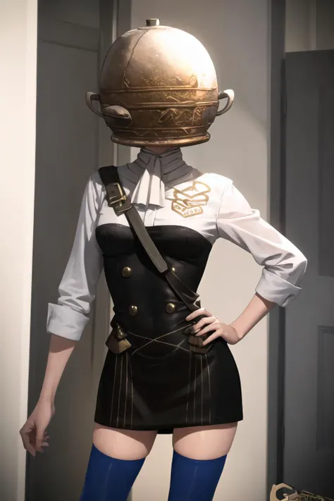 masterpiece, best quality, LetMeSoloHer, pot helmet, <lora:Char_EldenRing_LetMeSoloHer:1>, gmuniform, blue thighhighs, <lora:Outfit_GarregMachMonasteryUniform2:1>