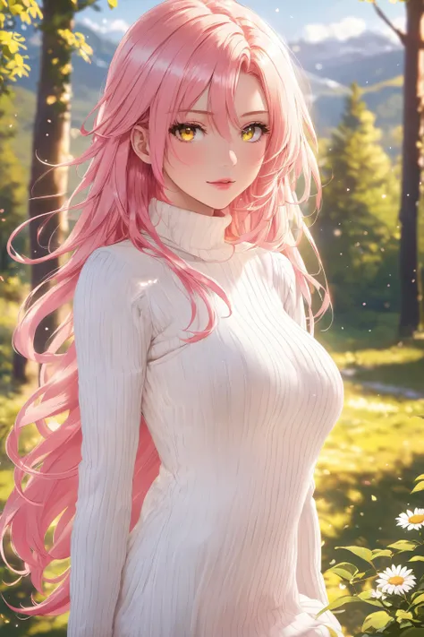 anime, moe, cute, high resolution illustration, 1girl, shiny skin, cinematic light, highres, 8k, bloom, light rays, ambient occlusion, raytracing, medium breasts, looking at viewer, vivid color, long pink hair, blonde streaks in hair, yellow eyes, finely detailed beautiful eyes, solo, toned, backlighting, outdoors, blush,
ribbed sweater dress, knit sweater dress, white turtleneck sweater dress, black leggings,