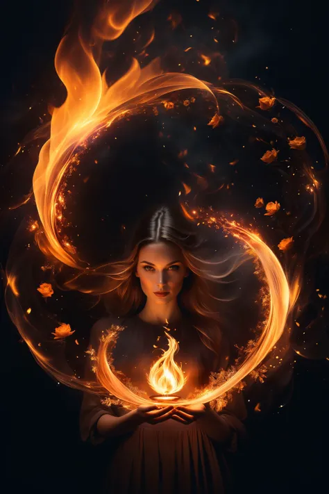 1girl holding fire, magical, abstract, dark, swirling lights, bloom, floating object, looking at viewer, realistic, solo, trending on Instagram, trending on Pinterest,