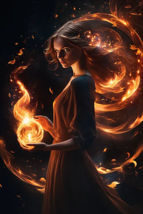 1girl holding fire, magical, abstract, dark, swirling lights, bloom, floating object, looking at viewer, realistic, solo, trending on Instagram, trending on Pinterest,