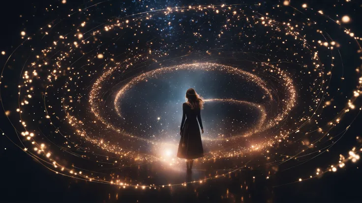 1girl, magical, abstract, dark, light particles, swirling lights, bloom, floating object, looking at viewer, realistic, solo, trending on Instagram, trending on Pinterest,