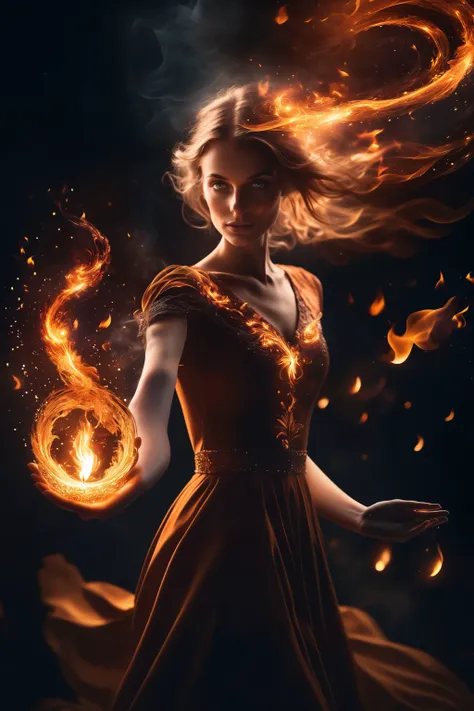 1girl holding fire, magical, abstract, dark, swirling lights, bloom, floating object, looking at viewer, realistic, solo, trending on Instagram, trending on Pinterest,