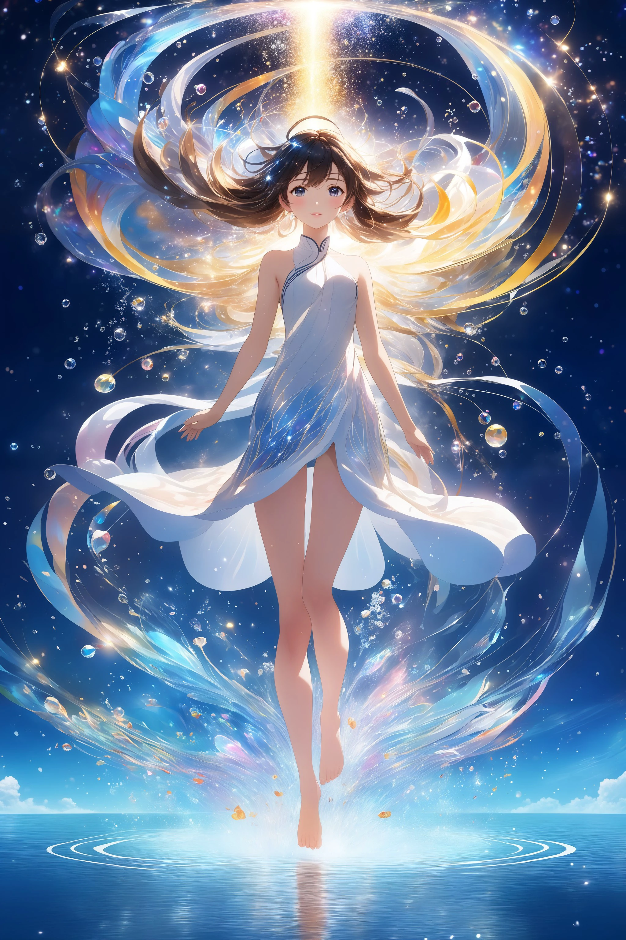 (masterpiece, best quality, highres, anime art style, pixiv), (1girl, solo, full body, standing on an abstract water), (bloom, swirling lights, light particles),
