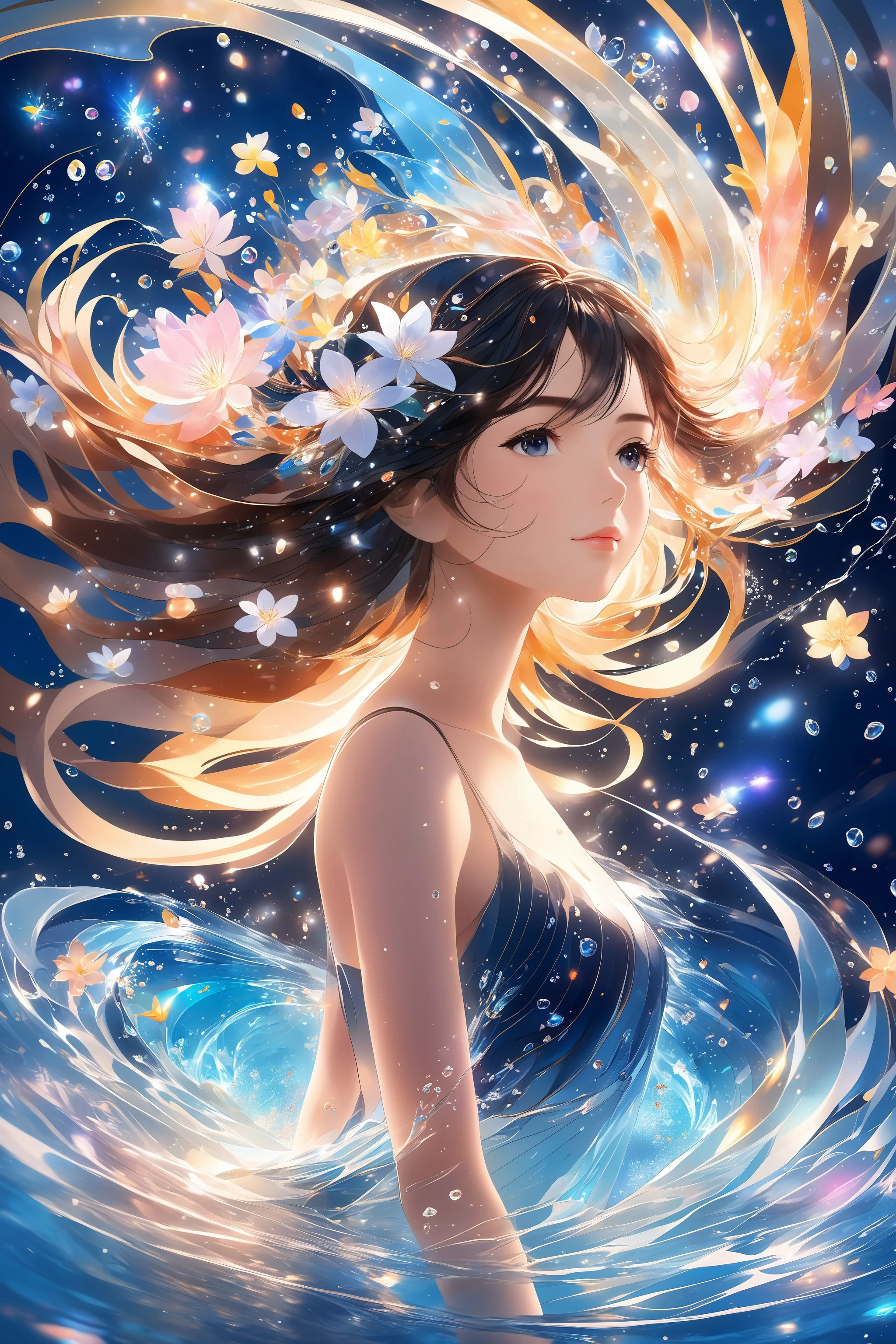 (masterpiece, best quality, highres, anime art style, pixiv), (1girl, solo, in an abstract water), (romanticized, bloom, swirling lights, light particles),