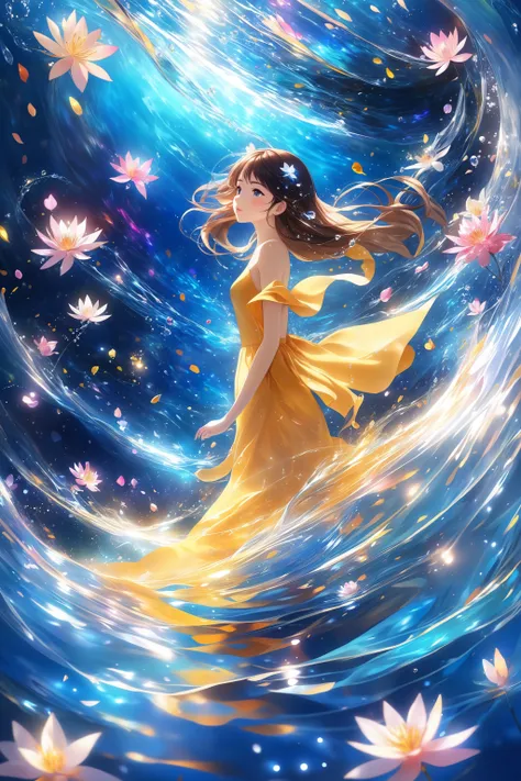 (masterpiece, best quality, highres, anime art style, pixiv), (1girl, solo, in an abstract water), (romanticized, bloom, swirling lights, light particles),