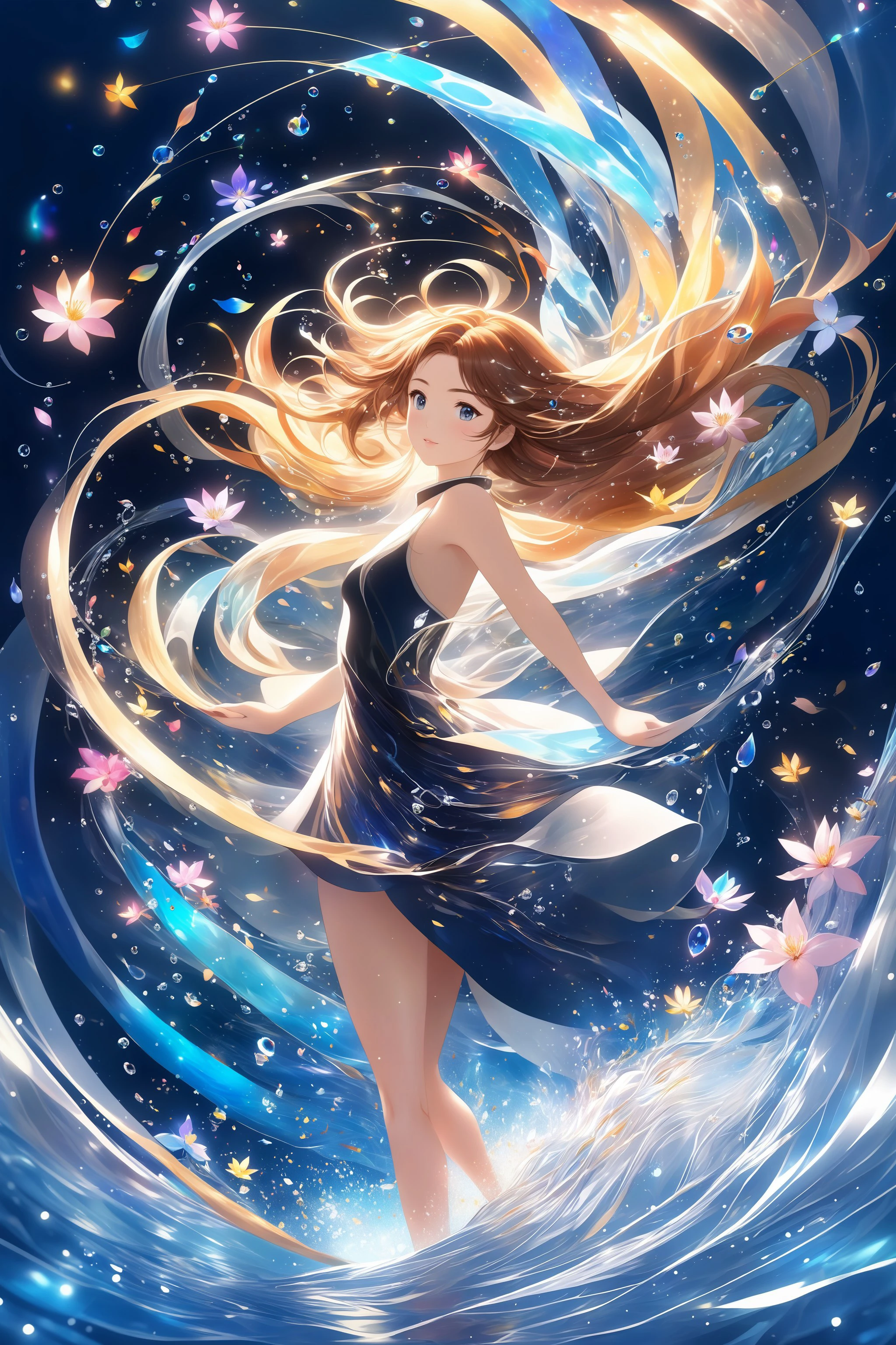 (masterpiece, best quality, highres, anime art style, pixiv), (1girl, solo, in an abstract water), (romanticized, bloom, swirling lights, light particles),