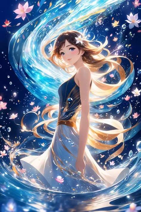 (masterpiece, best quality, highres, anime art style, pixiv), (1girl, solo, in an abstract water), (romanticized, bloom, swirling lights, light particles),