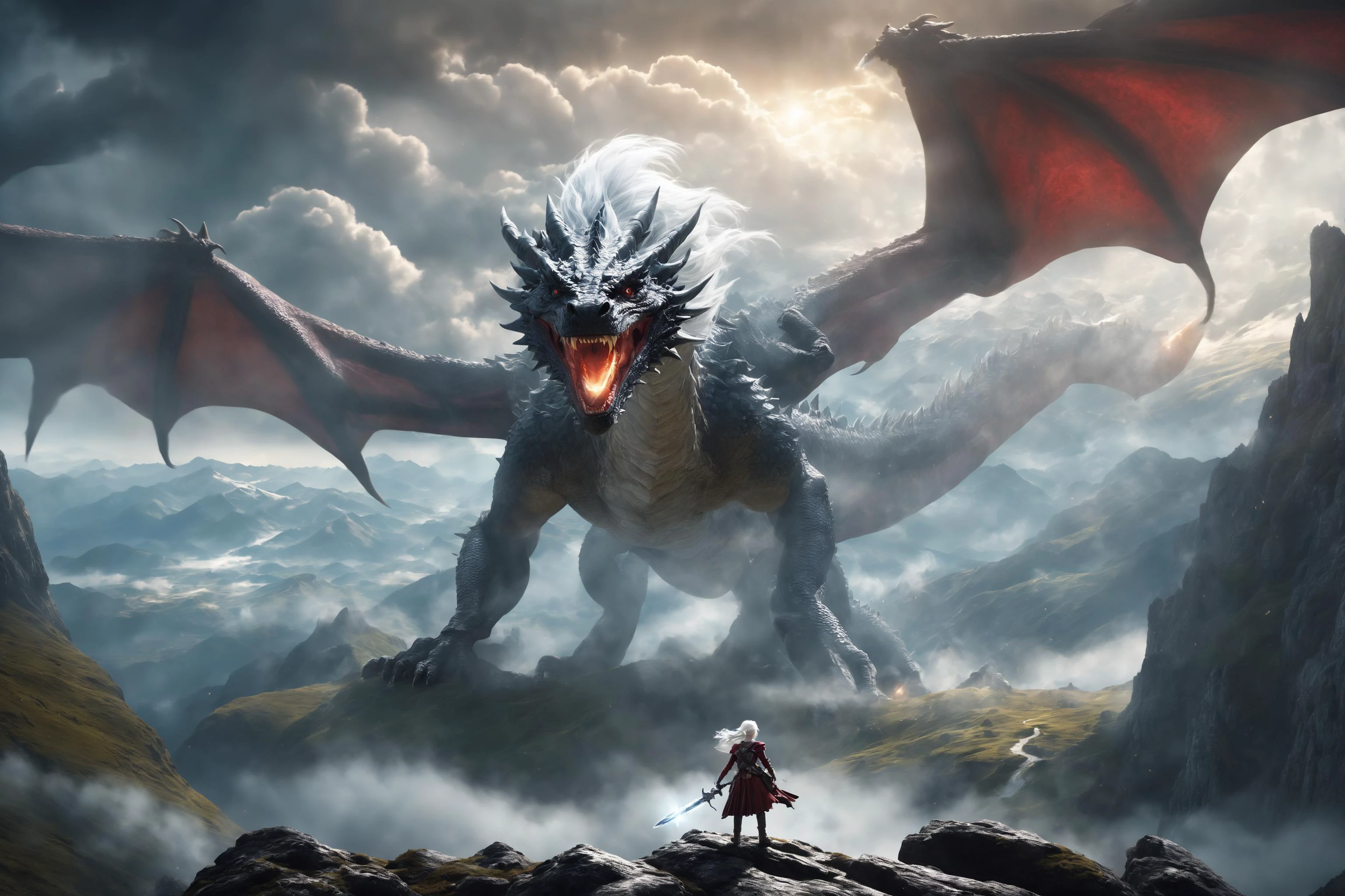 fantasy art, Epic Movie Poster, Ultrawide Totale, ((lower half girl with white hair and hold a llightning sword in hand, in mountain landscape)), upper half the shadow of a giant mighty red-brown scaled dragon in the sky through fog and clouds, cold, epic lighting, cinematic, perfect composition, fantasy, baroque, amazing detail, adventure, epic, ultra detailed, (ultra sharp focus:1.2), volumetric lighting, (high contrast), reflections, ray tracing light