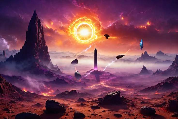 fantasy art, (masterpiece: 1.2), (highest quality: 1.1), (HDR: 1.0), extreme quality, CGI, ultra-detailed, ultra-realistic, fantasy rendering, dying planet with apocalyptic landscape, rocky desert, in the distance there are some low mountains covered with fog, dark sky, dust, (in the center of the frame close to the camera is a big obelisk with an iridescent purple-violet surface, by lightning emanating from its top, it lifts large crimson-purple stones into the air and rotates around:1.5), in the background there is a huge bright blazing seething sun with flames is high to the horizon, slight blur, (dark colors), insanely bizarre details, detailed background , Unrealistic rendering engine, sharp shadows