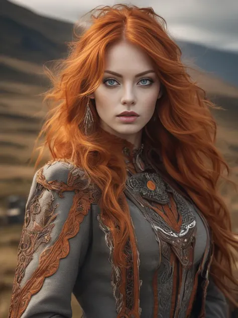 1girl, beautiful, orange hair, fantastical hair, standing in the highlands, eyeliner, focus on eyes, intricate detailed background, cowboy shot, sfw