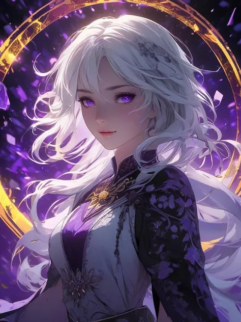 (masterpiece, best quality, ultra-detailed, best shadow), (detailed background,dark fantasy), (beautiful detailed face), high contrast, (best illumination, an extremely delicate and beautiful), ((cinematic light)), colorful, hyper detail, dramatic light, intricate details, (1girl, solo,white hair, sharp face,purple eyes, hair between eyes,dynamic angle), blood splatter, swirling black light around the character, depth of field,black light particles,(broken glass),magic circle, full body,