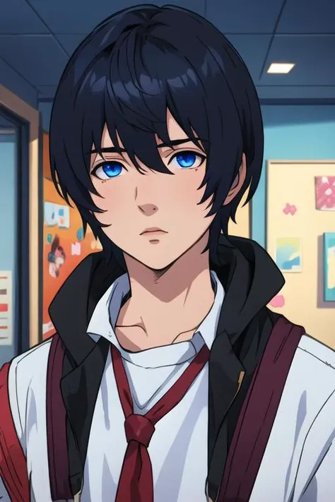 masterpiece, best quality, , 1boy, solo, male focus, looking at viewer, upper body, , <lora:mirai_kakehashi:0.70>, mirai_kakehashi, black hair, blue eyes,