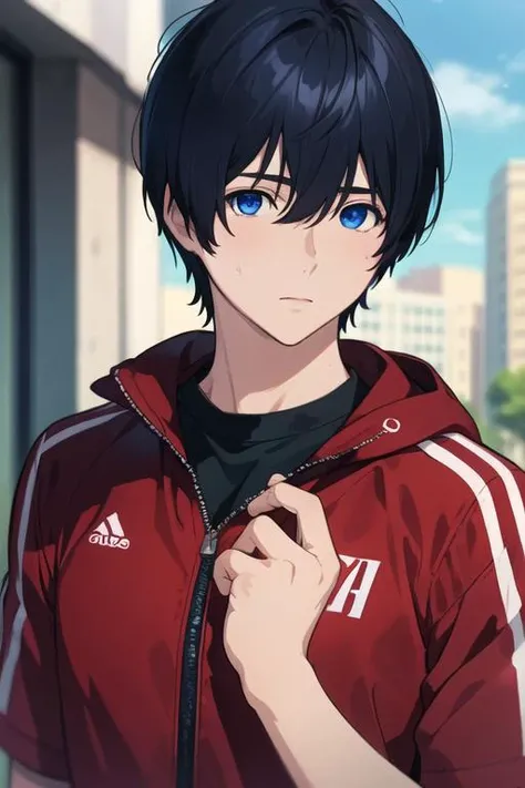 masterpiece, best quality, , 1boy, solo, male focus, looking at viewer, upper body, depth of field, <lora:mirai_kakehashi:0.66>, mirai_kakehashi, black hair, blue eyes, sportswear