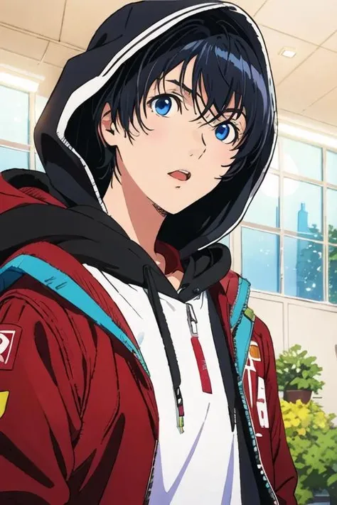 masterpiece, best quality, illustration, 1boy, solo, male focus, looking at viewer, upper body, , <lora:mirai_kakehashi:0.74>, mirai_kakehashi, black hair, blue eyes, hoodie