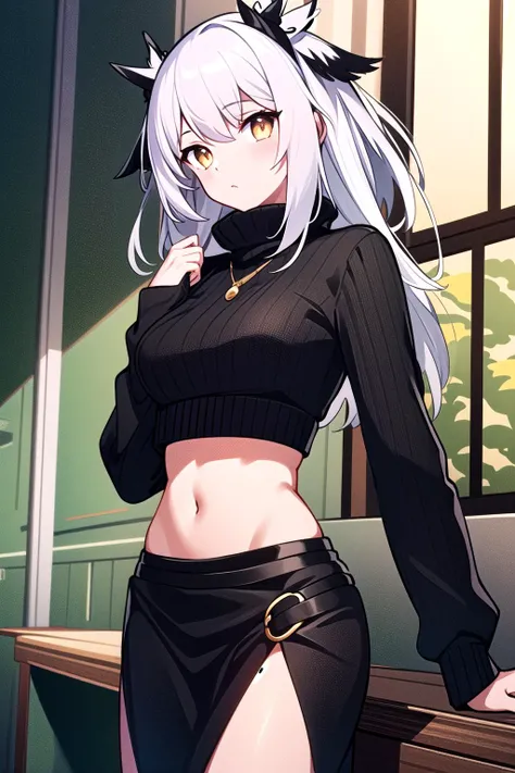 ((masterpiece)), ((best quality)), ptilopsis \(arknights\), ptilopsis, <lora:plitopis:0.7>, 1girl, solo, white hair, covered navel, sweater, looking at viewer, indoors, black sweater, bracelet, long sleeves, bangs, sweater dress, seductive pose, <lora:GoodHands-vanilla:1.1>