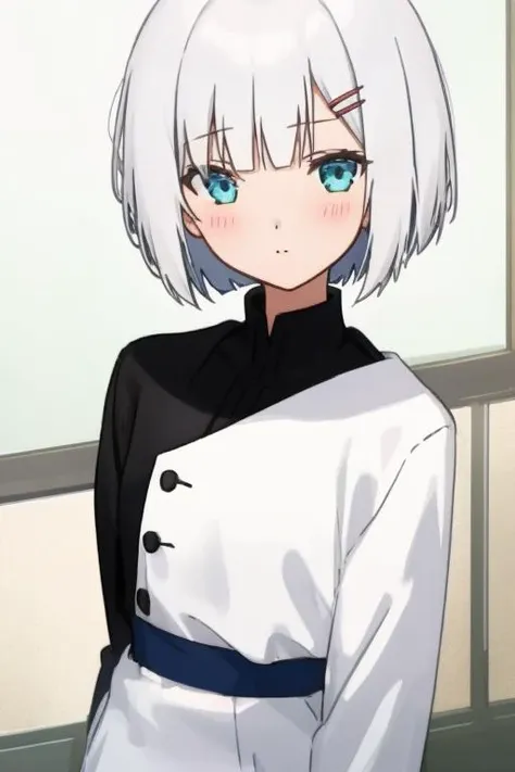 1girl, <lora:siesta:0.75>, siesta, white bob haircut, hairpins