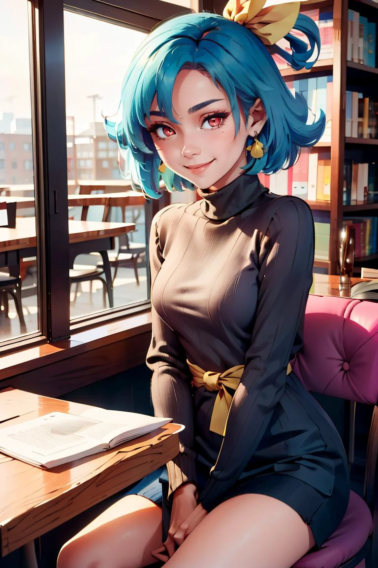 ((masterpiece,best quality)), <lora:ricegnat_style:0.6>, absurdres, <lora:Mio_Orange_Juice:0.8>, Mio_Orange_Juice, 1girl, solo, red eyes, blue hair, short hair, yellow hair ribbon, solo, smiling, looking at viewer, cowboy shot, turtleneck sweater, earrings, library, cup of coffee, sitting at table