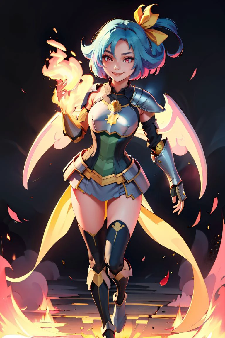 ((masterpiece,best quality)), <lora:ricegnat_style:0.6>, absurdres, <lora:Mio_Orange_Juice:0.8>, Mio_Orange_Juice, 1girl, solo, red eyes, blue hair, short hair, yellow hair ribbon, solo, smiling, looking at viewer, cowboy shot, shiny metal, full body armor, breastplate, fingerless gloves, shoulder armor, gauntlets