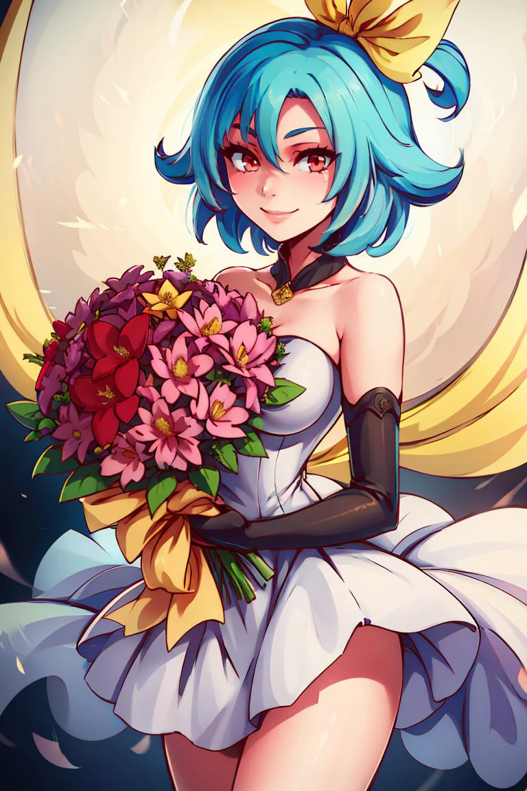 ((masterpiece,best quality)), absurdres, <lora:Mio_Orange_Juice:0.8>, Mio_Orange_Juice, 1girl, solo, red eyes, blue hair, short hair, yellow hair ribbon, solo, smiling, looking at viewer, cowboy shot, bride, wedding dress, bridal veil, strapless dress, elbow gloves, holding bouquet,