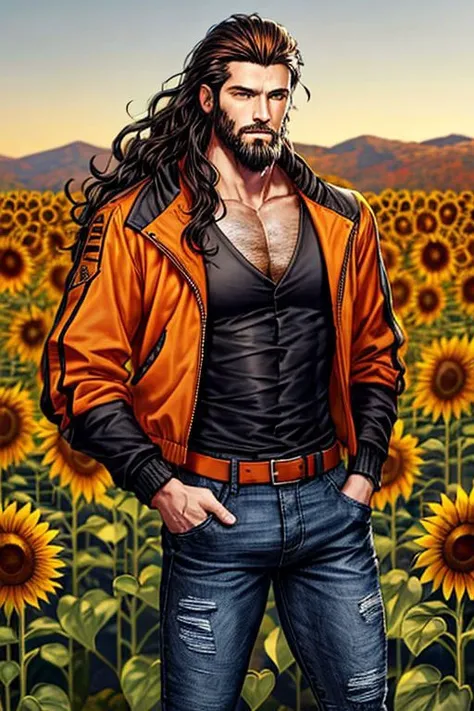 male, long wavy black hair, short beard, short orange jacket, hands in jacket pockets, deep v-neck, looking at viewer, bust portrait, standing, sunflower field, detailed background, autumn colors, daylight, blue jeans, tight pants, fit, dark brown belt, handsome