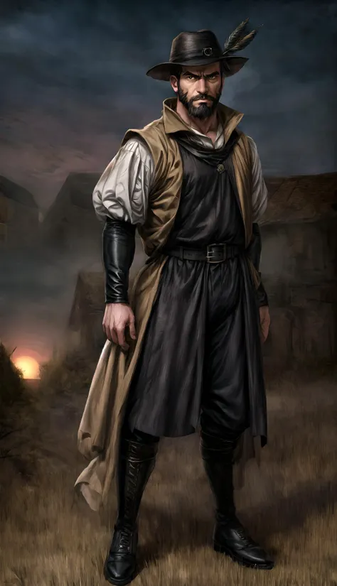 medieval, fantasy, spooky, dusk, (medieval village background:1.2),
straight-on, full body, male, strong, confident and relaxed pose, arrogant stare, (black eye color:0.7), brown eye color, black hair, short big nose, stubbed beard, rounded jaw, looking at viewer, arrogant, black hair, feathered hat, hat feather, wearing a medieval vest, medieval boots,
HD, very detailed,
<lora:more_details:1.0>,  <lora:Medieval_Headwear:1.0> mehe,  <lora:Darkness:0.6> darkness,  <lora:Bloodborne:0.3>