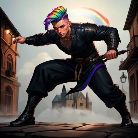 rpg portrait, full body, extreme detail, artistic painting, 1boy, A male European-martial-artist that works as a secret agent for The-Living-God, hazel eyes ,, (pastel rainbow hair:1.27628), Undercut hair, a gothic town shrouded in fog background, cinematic, best quality, detailed background, depth of field, intricate details, dynamic pose, dynamic angle, sharp focus, soft lighting, vibrant colors, cinematic photography, Dungeons and Dragons