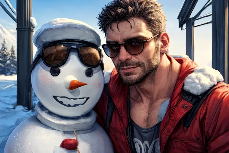 photo r3al, detailmaster2, masterpiece, photorealistic, 8k, 8k UHD, best quality, ultra realistic, ultra detailed, hyperdetailed photography, real photo, cool (snowman:1.2), sunglasses, winter, photorealistic, 8k, realistic eyes, detailed face, upper body, facing viewer, outdoors, daylight, (closeup),beautiful traditional headdress, GS-Masculine, clothes