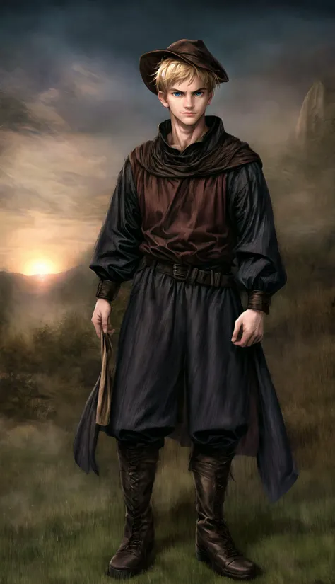 medieval, fantasy, dusk, medieval village background,
straight-on, full body, male, weak, confident and relaxed pose, intrigued glance, (black eye color:0.7), brown eye color, blonde hair, thin cute nose, pointy jaw, looking at viewer, harmless, chaperon hat, wearing a medieval shirt, medieval boots,
HD, very detailed,
<lora:more_details:1.0>, <lora:Medieval_Headwear:1.0> mehe, <lora:Darkness:0.9> darkness, <lora:Bloodborne:0.3>
