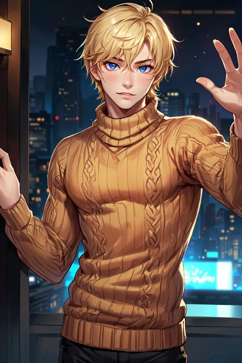 absurdres, young adult, solo, handsome, shredded, light blonde hair, messy spikes hair, Sapphire eyes, mahogany skin, Looking straight at the camera, sweater skin, unwilling, strip, optical camera, <lora:Cool Mix Style:0.8>, <lora:husbando_v33:0.8>