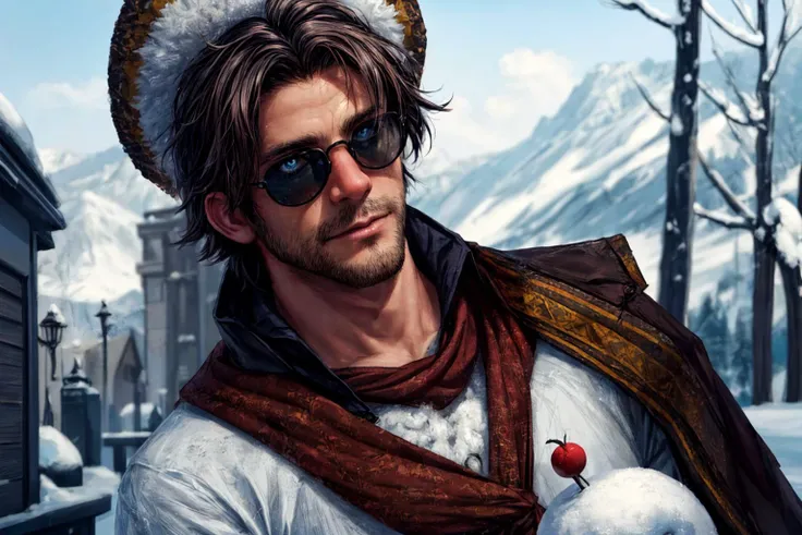 photo r3al, detailmaster2, masterpiece, photorealistic, 8k, 8k UHD, best quality, ultra realistic, ultra detailed, hyperdetailed photography, real photo, cool (snowman:1.2), sunglasses, winter, photorealistic, 8k, realistic eyes, detailed face, upper body, facing viewer, outdoors, daylight, (closeup),beautiful traditional headdress, (GS-Masculine:0.7), clothes