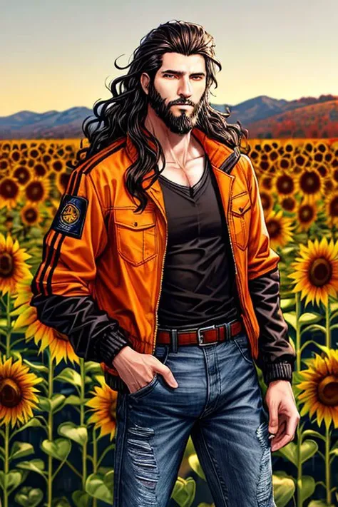 male, long wavy black hair, short beard, short orange jacket, hands in jacket pockets, looking at viewer, bust portrait, standing, sunflower field, detailed background, autumn colors, daylight, blue jean shorts, skinny, dark brown belt