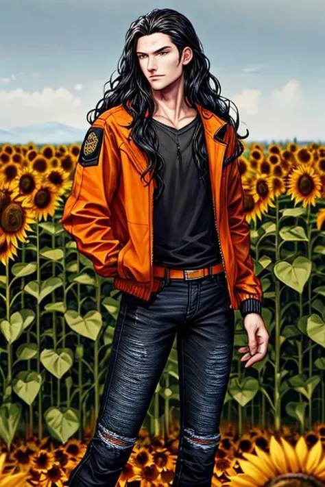 male, long wavy black hair, short orange jacket, hands in jacket pockets, looking at viewer, bust portrait, standing, sunflower field, detailed background, autumn colors, daylight, blue jeans, tight pants, skinny,