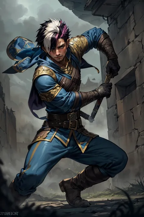 rpg portrait, full body, extreme detail, artistic painting, 1boy, fantasy art, A male European-martial-artist that works as a secret agent for The-Living-God, (two-tone hair:1.79586) Caesar cut, lean body, a gothic town shrouded in fog background, cinematic, best quality, detailed background, depth of field, intricate details, dynamic pose, dynamic angle, sharp focus, soft lighting, vibrant colors, cinematic photography, Dungeons and Dragons, (Role-playing game (RPG) style fantasy :1.3), Fantasy, epic, heroic, character-focused, RPG style fantasy