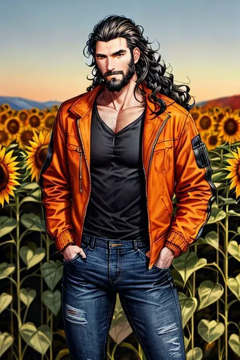 male, long wavy black hair, short beard, short orange jacket, hands in jacket pockets, looking at viewer, bust portrait, standing, sunflower field, detailed background, autumn colors, daylight, blue jeans, tight pants, skinny,