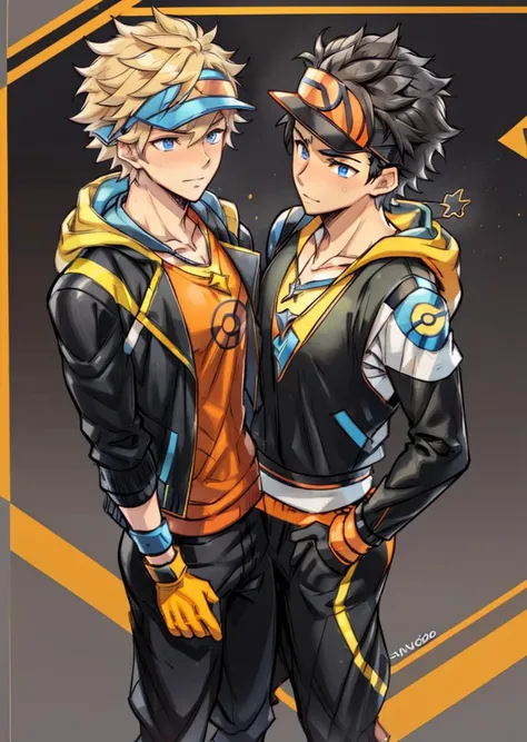 BoyB, BoyA, <lora:SparkGOv1:0.8> , (SparkGO:1.3), spark \(pokemon\), spark(pokemon), 2boys, high quality, best quality, spark \(pokemon\), spark(pokemon), male protagonist \(pokemon go\), male protagonist(pokemon go), male protagonist \(pokemon go\)_Uniform, spark(pokemon)_Uniform, Only one male wears a hat,(Only men with black hair wear hats.), blonde hair boy, black hair boy} BREAK
BoyB: {Boy B, spark \(pokemon\), spark(pokemon), necklace, blue eyes, blonde hair, blue eyes, gloves, jacket, black jacket, orange gloves, orange sleeveless hoodie, spark(pokemon)_Uniform, no wearing hat Blond boy, no wearing hat} BREAK
BoyA: {Boy A, male protagonist \(pokemon go\), male protagonist(pokemon go), male protagonist \(pokemon go\)_Uniform, visor cap, black visor cap, short hair, black hair } BREAK