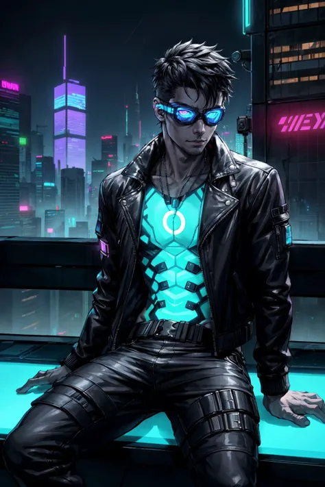 1boy, extreme close up,  a hacker wearing a leather jacket and goggles, sitting on a rooftop with a laptop and wires, neon lights and skyscrapers in the background, dark and futuristic mood, cyberpunk, dreary lighting,