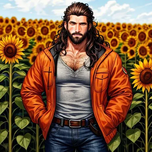 male, long wavy black hair, short beard, short orange jacket, hands in jacket pockets, deep v-neck, looking at viewer, bust portrait, standing, sunflower field, detailed background, autumn colors, daylight, blue jeans, tight pants, fit, dark brown belt, handsome, blushing, freckles, hairy chest, anime, big pecs, artistic background, brown eyes, masculine, solo