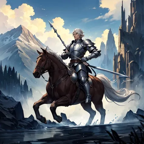 Action scene, dynamic pose, firm stance, combat stance,
Focus on (middle earth, Knight Charging into battle on horseback, wielding a lance and clad in heavy armor, Master, Short, Thin, Square Face, Dark Skin, White Hair, yellow Eyes, Straight Nose, Thin Lips, Prominent Chin, Garibaldi, Medium, Crew Cut, Misty mountains towering over a vast, misty valley, Tolkien) fighting (Harpy),
In a bustling ancient metropolis where magic and technology coexist,
