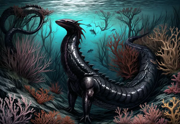 straight on, up close, (spooky:1.1), scary, underwater scene, (fantasy:1.2),
(giant mythical underwater dragon-eel with scales and corals and seaweed growing on it:1.3), one with nature, seaweed, air bubbles, coral reef in the background, (shoal of small fishes:1.2), small guppy fishes in the background, disturbed currents, deep underwater, clear blue water, beautiful,
HD, very detailed, <lora:more_details:1.25>,