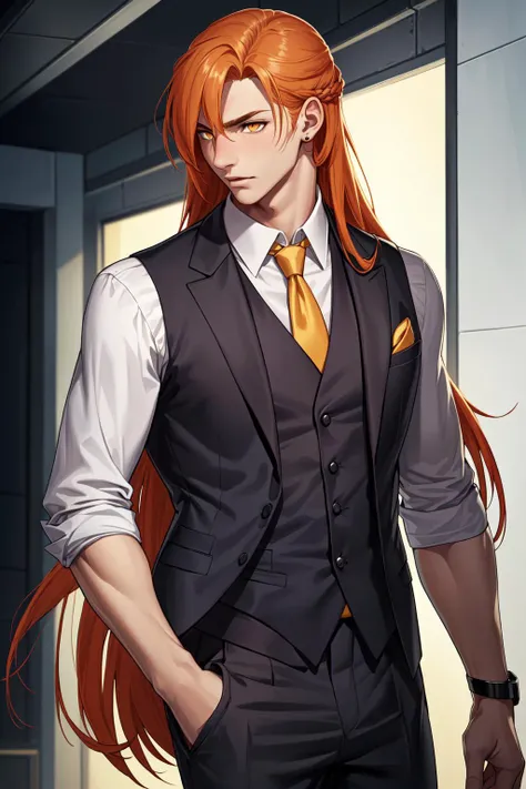 absurdres, adult, solo, handsome, sound, orange hair, long hair hair, yellow eyes, dark skin, Looking off to the side, suit vest skin, critical, sentence, asymmetry, <lora:Cool Mix Style:0.8>, <lora:husbando_v33:0.8>