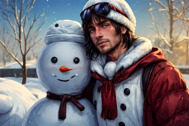 photo r3al, detailmaster2, masterpiece, photorealistic, 8k, 8k UHD, best quality, ultra realistic, ultra detailed, hyperdetailed photography, real photo, cool (snowman:1.2), sunglasses, winter, photorealistic, 8k, realistic eyes, detailed face, upper body, facing viewer, outdoors, daylight, (closeup on snowman),beautiful traditional headdress, (GS-Masculine:0.7), clothes