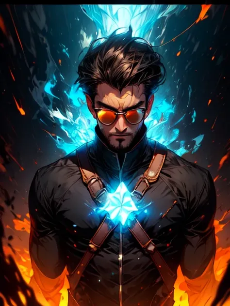 <lyco:GoodHands-beta2:0.51>, , l3wis_n0texist is a male with (black-framed-eyewear) and dark-hair, <lora:neg4all_bdsqlsz_V3.5:0.58> <lora:r1ge - AnimeRage:0.8> r1ge, BREAK portrait, solo, upper body, looking down, detailed background, detailed face, (frontier western theme:1.1), earth-wizard, geomancer, glowing eyes, dynamic pose, mineral amulet, casting sand-based spell, surrounded by floating particles, minerals, rock-based spells, ethereal geothermic energy, blue seismic shockwave pulsating through the ground, cracked earth in background, backlighting, epic atmosphere,