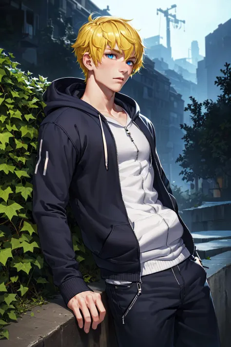 absurdres, young adult, solo, handsome, toned, yellow hair, Ivy League hair, blue eyes, peach skin, looking off into the distance, zip-up hoodie skin, beneficial, extension, long exposure, <lora:Cool Mix Style:0.8>, <lora:husbando_v33:0.8>